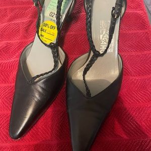 Ferragamo t-strap black shoes.     8-1/2 NARROW